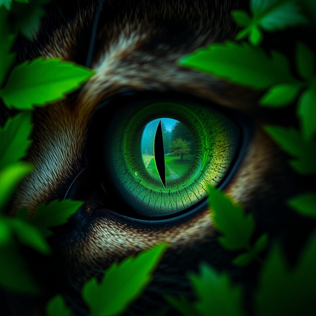Hyper-Realistic Feline Gaze in Surrealist Green Landscape