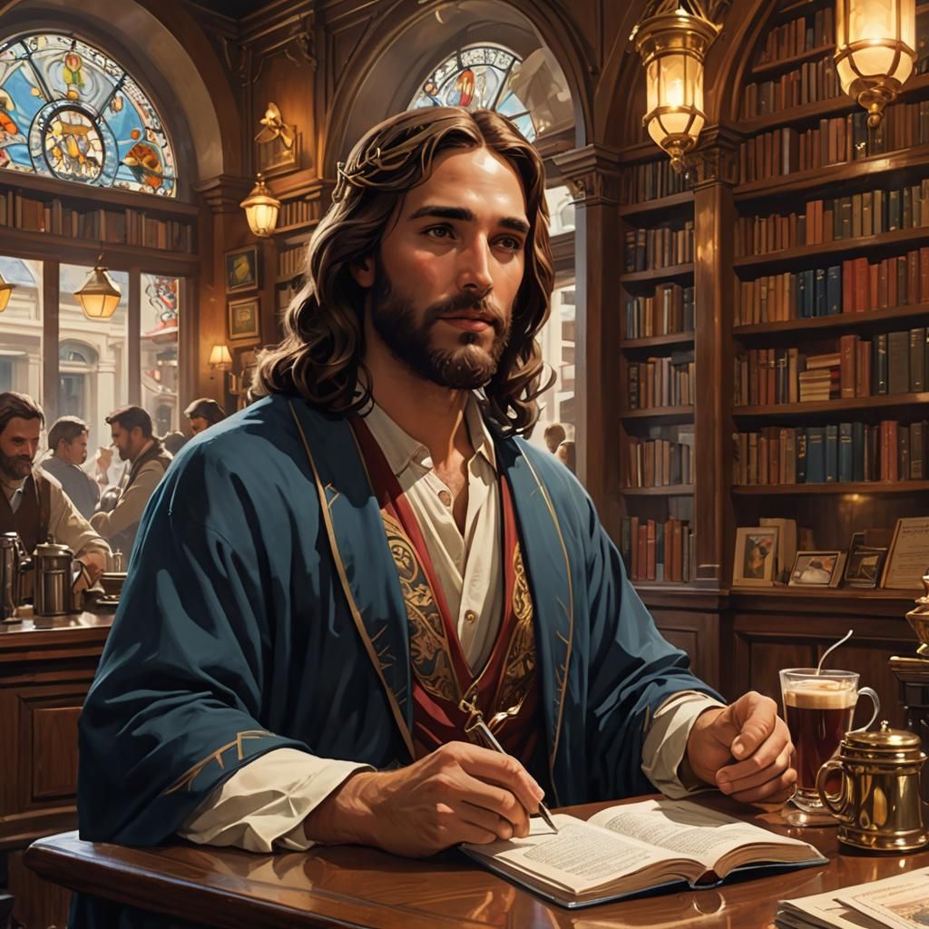 Jesus in Vienna Coffeehouse: Detailed Digital Painting