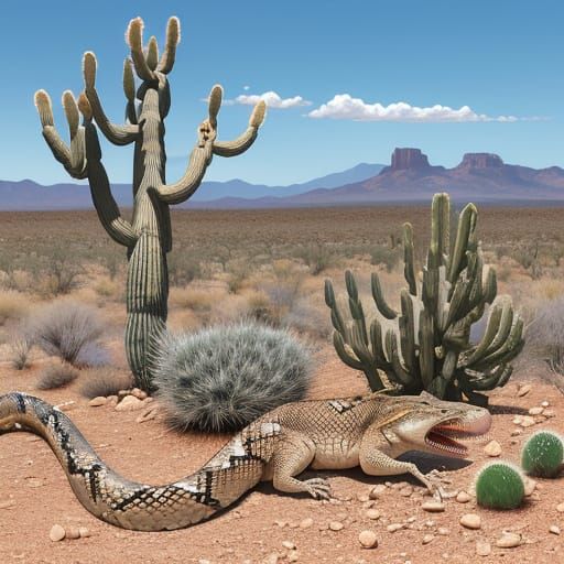 Sfumato and gouache rattlesnake cooling itself beneath a spiky furry cholla cactus in the Sonoran Desert.