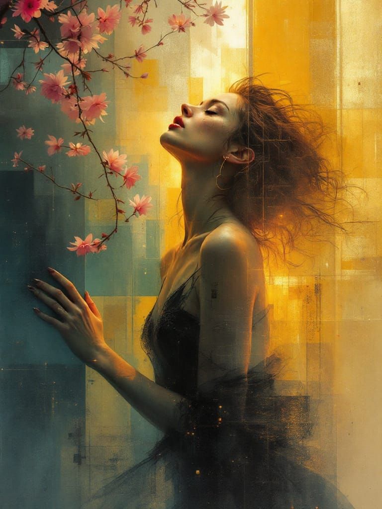 Abstract Figure Meets Pin-Up Amidst Cherry Blossoms