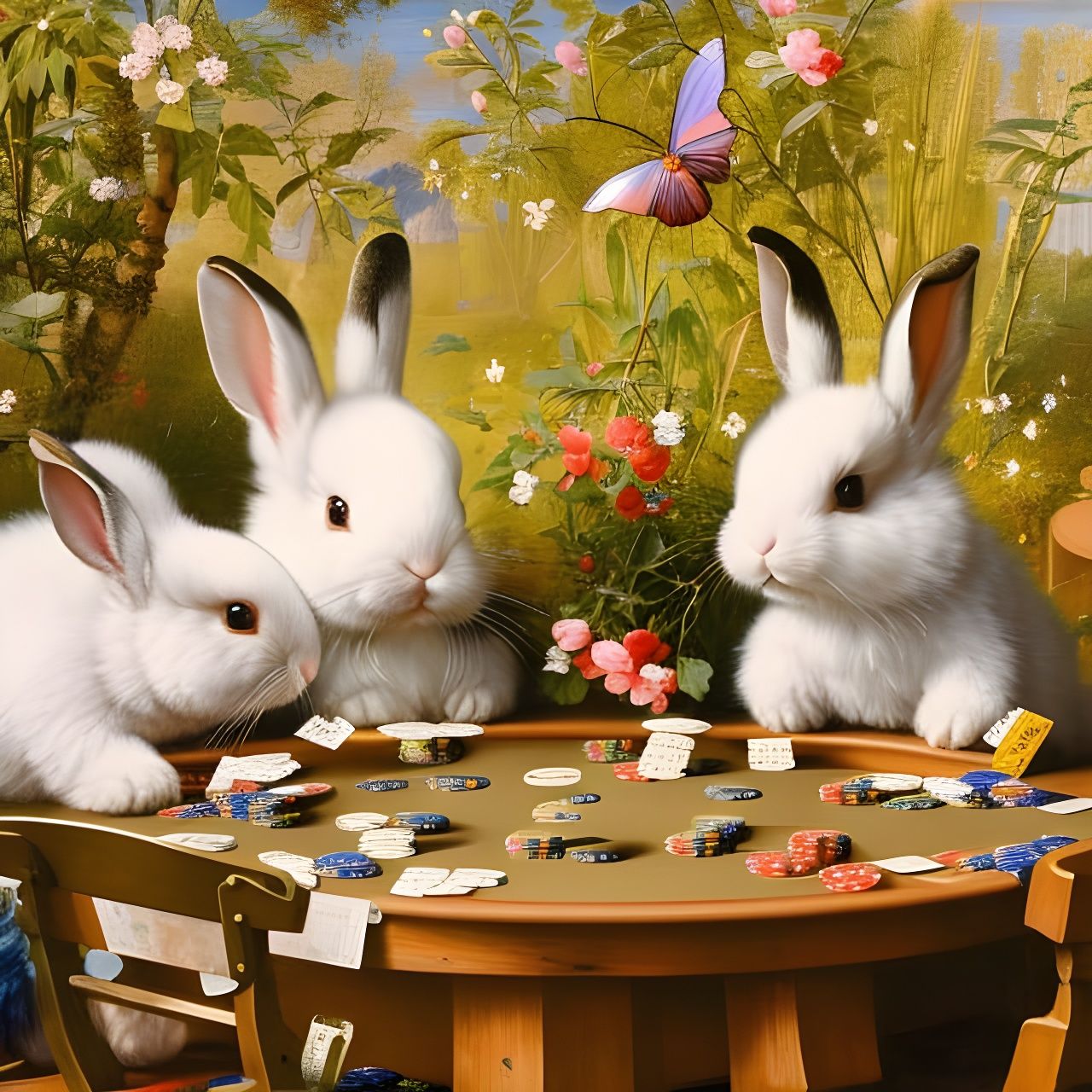 Bunnies Playing Poker, Hyperdetailed Oil Painting
