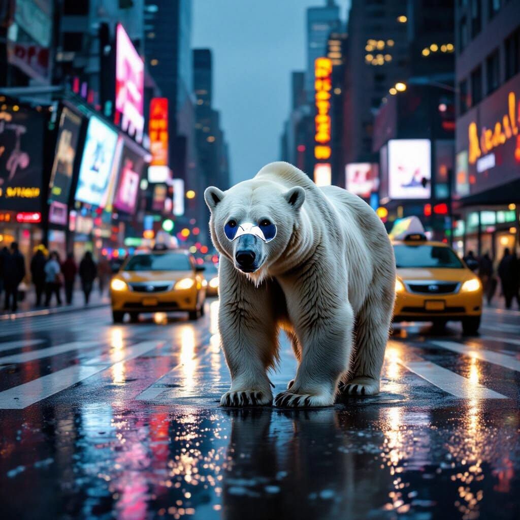 Disoriented Polar Bear in Neon-Lit NYC Street