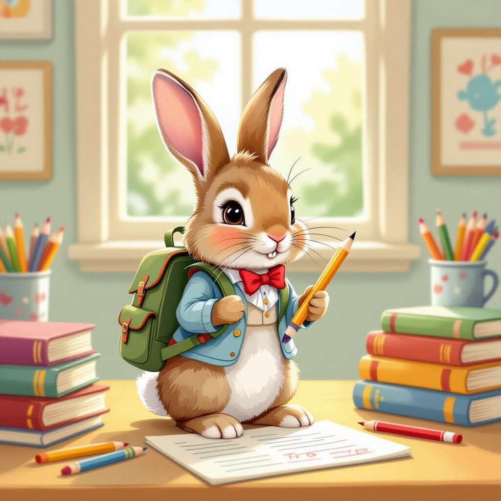 Adorable Rabbit Student in Whimsical Classroom