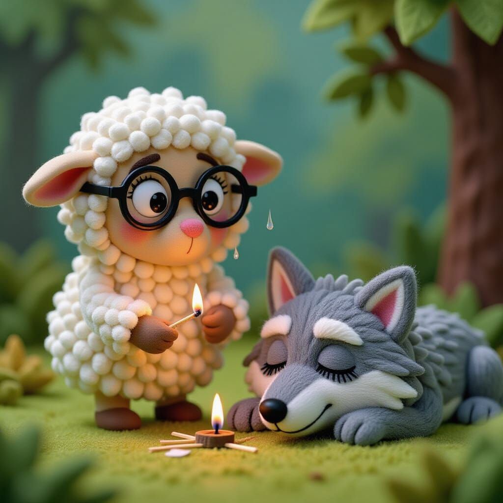 Anxious Sheep Lighting Match Near Sleeping Wolf