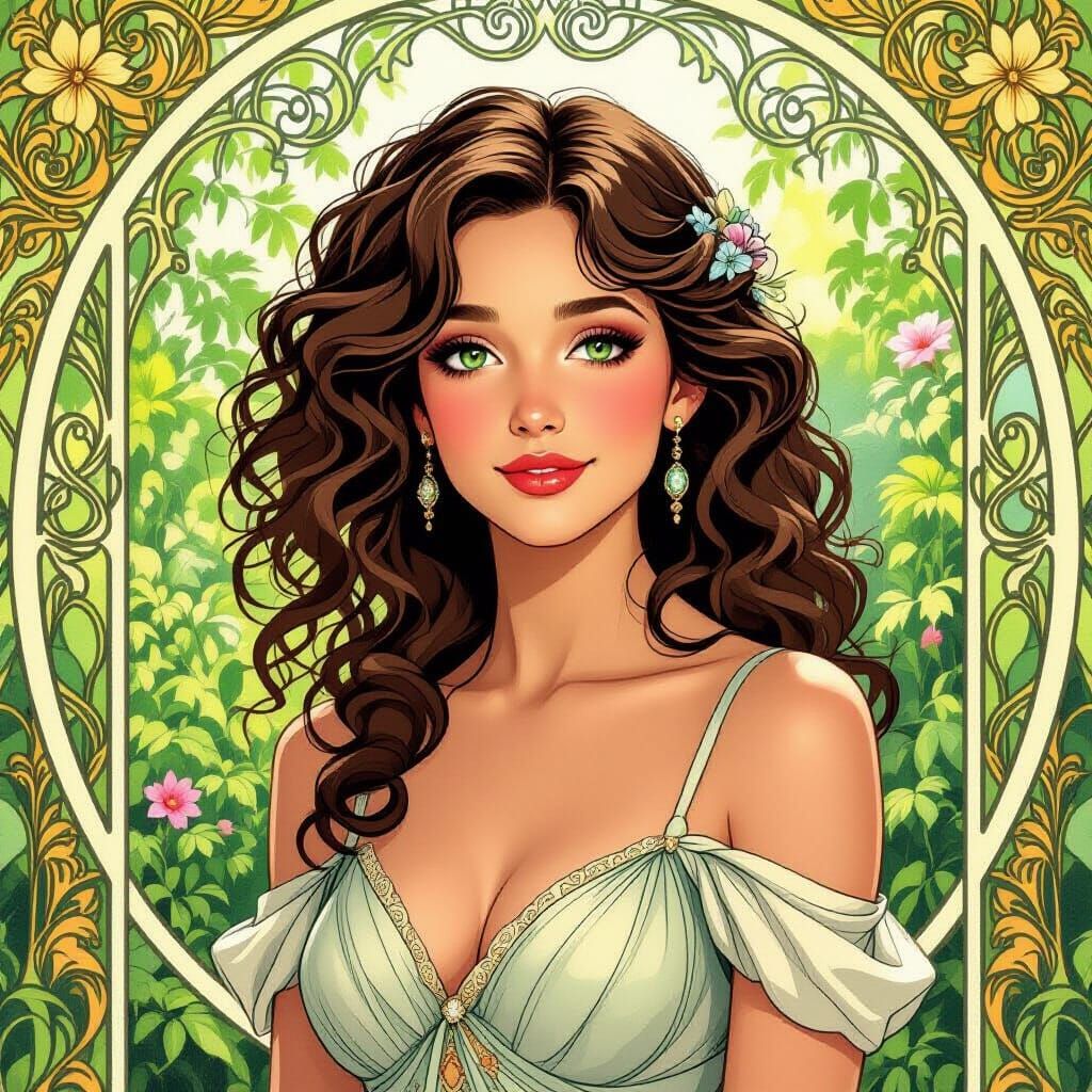 Elegant Woman in Garden: an Art Nouveau Portrait