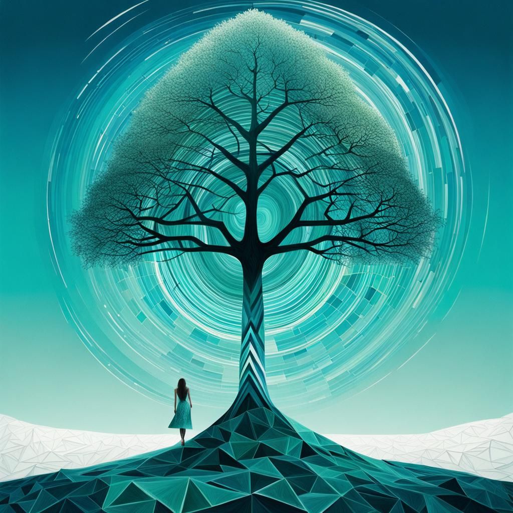 Surreal Geometric Art: White Tree and Woman in Blue and Gree...