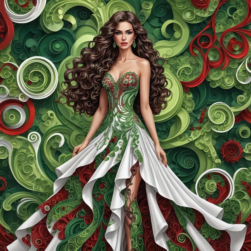 Woman in Opulent Dress with Abstract Elements