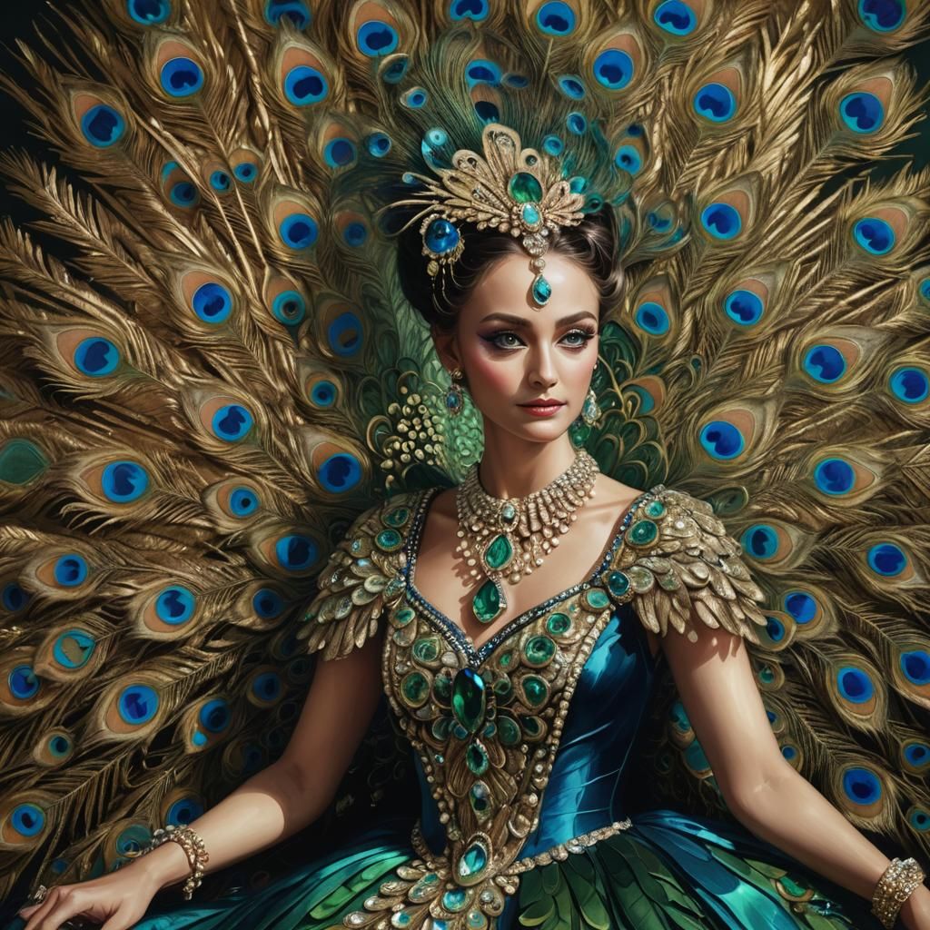 Peacock in Fancy Dress: Hyperrealistic Digital Portrait
