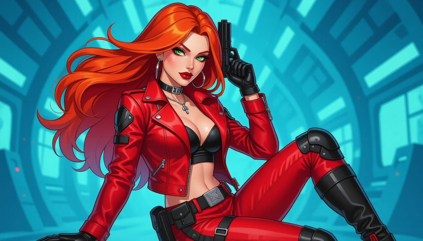 Cyberpunk Woman with Fiery Red Hair in Anime Style