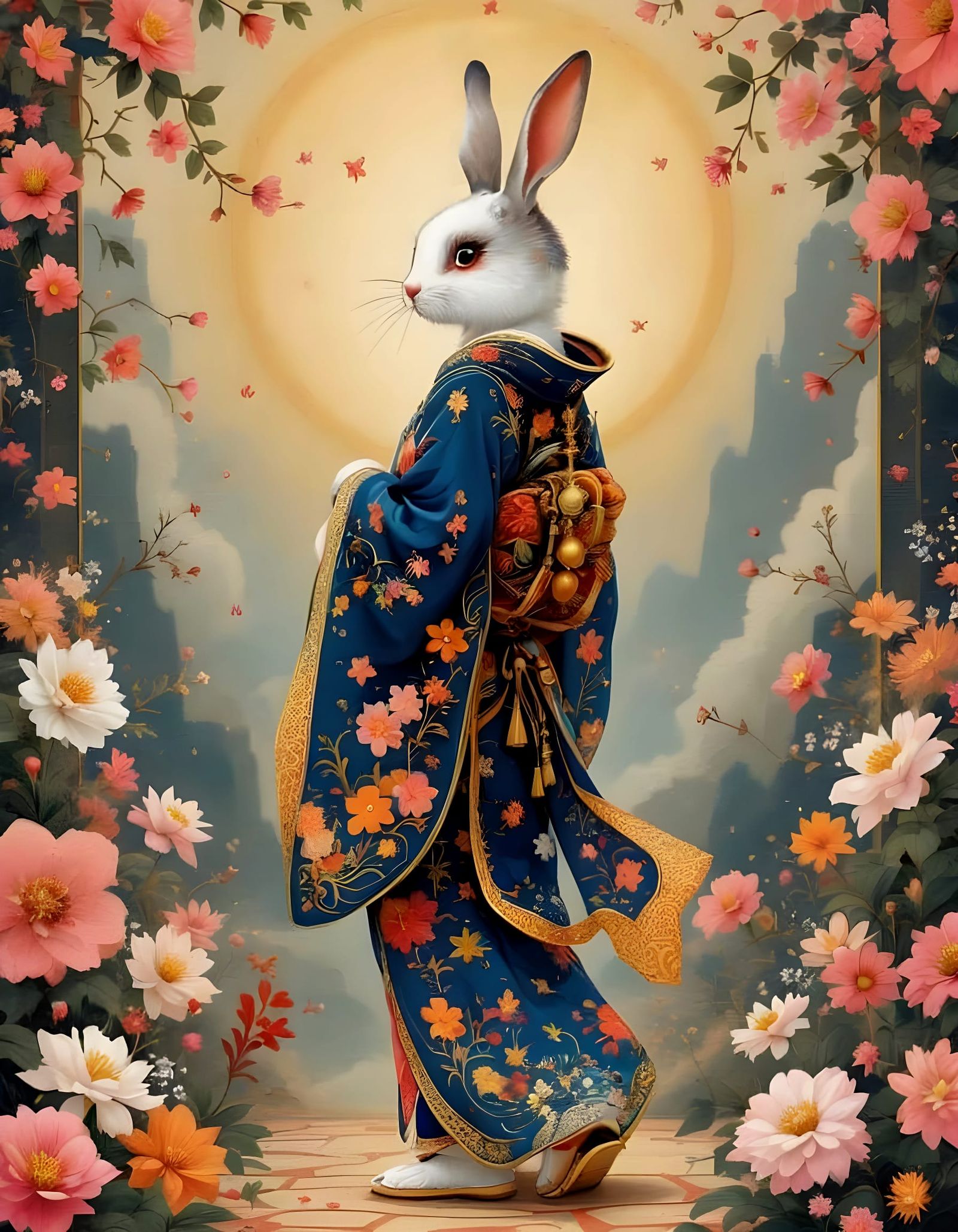 Whimsical Geisha Rabbit in Kimono and Gold Jewelry