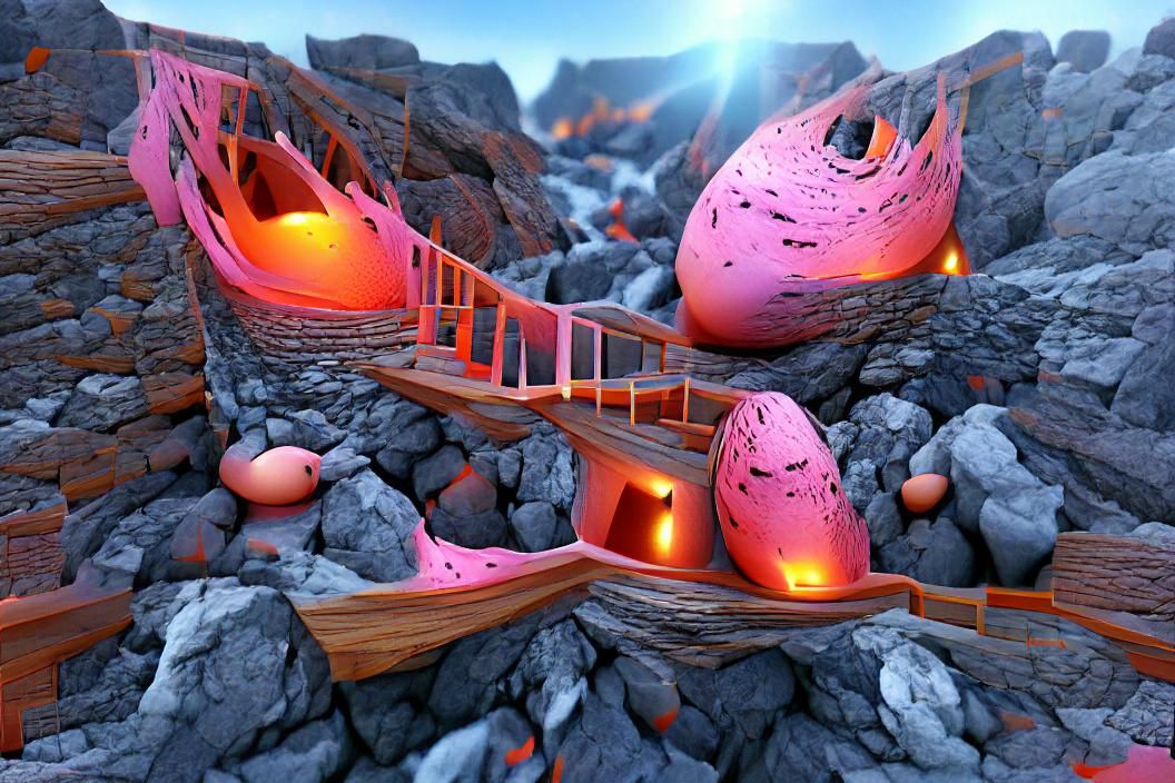 Glowing Egg Houses Between Pink Lava Rivers