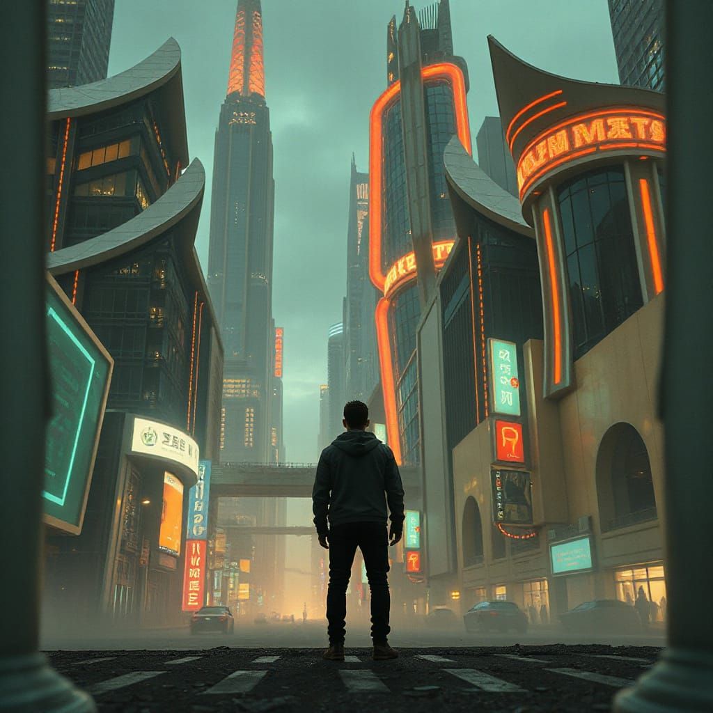 Futuristic Cityscape in Cyberpunk Dystopian Style