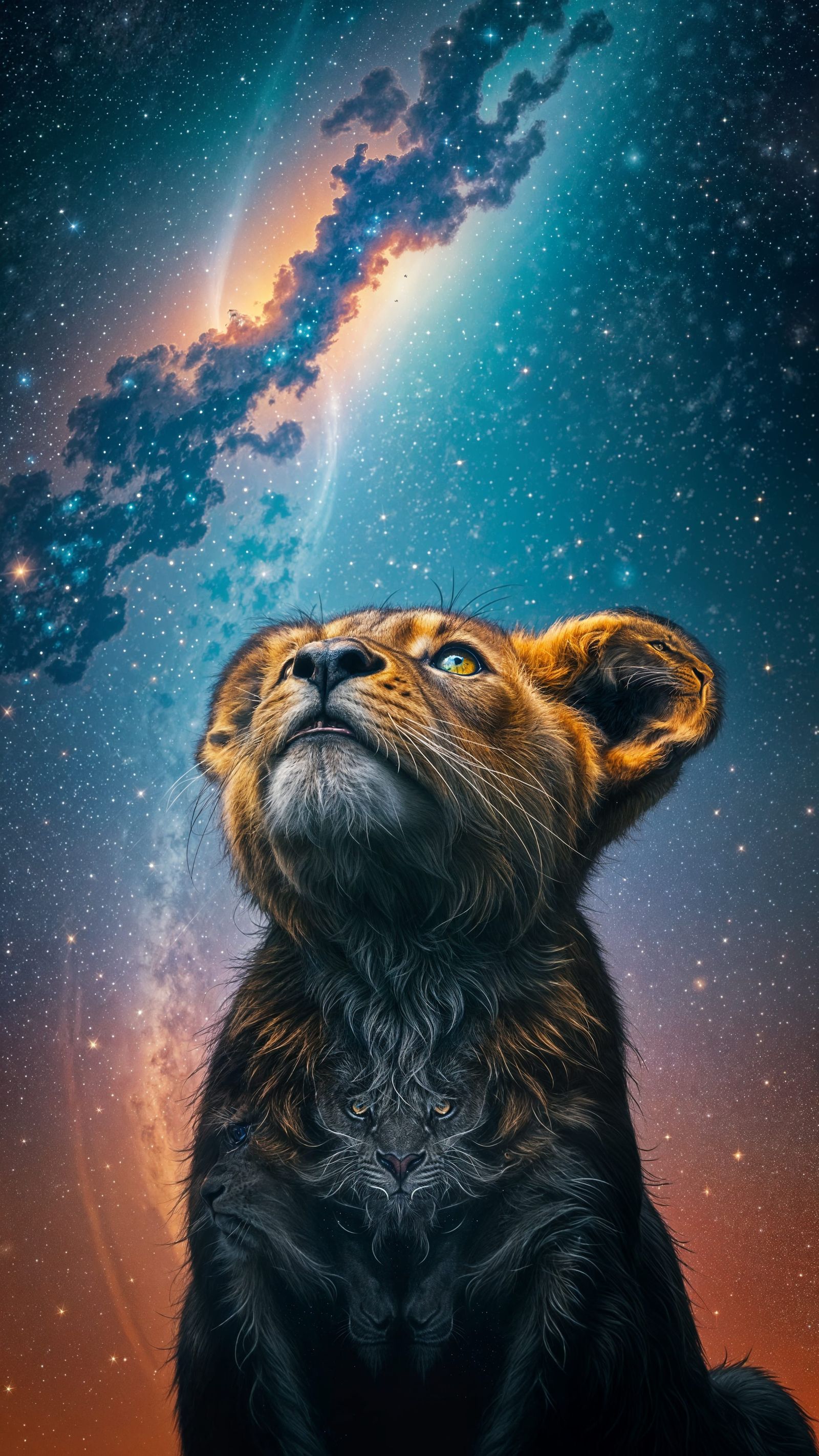 Lion Cub Gazing at Lion Constellation in Starry Night
