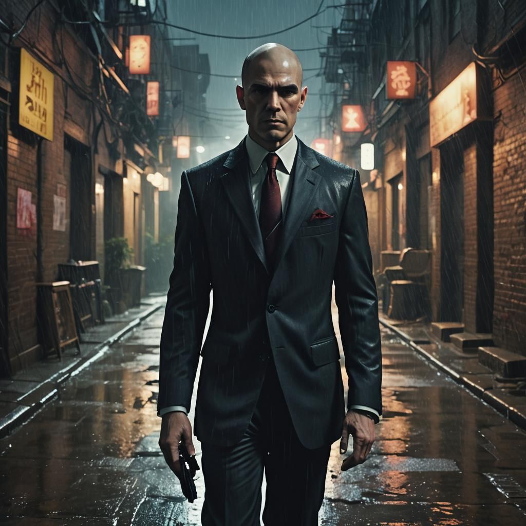 Agent 47 in Rain-Soaked Alley: Cinematic Film Still