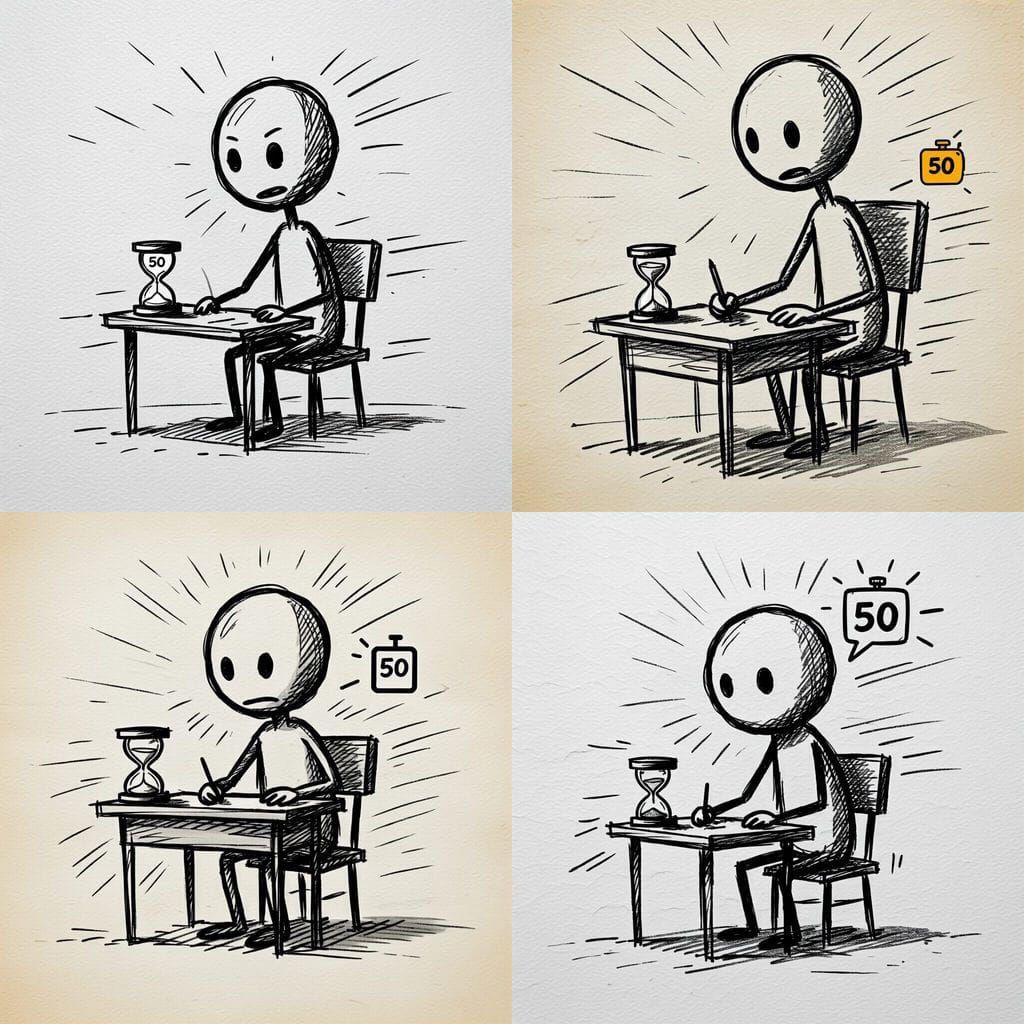 Stick Figure Focused on Task with Timer, Pencil Sketch