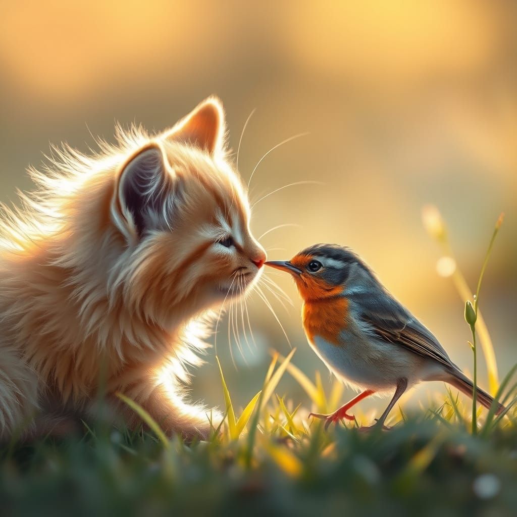 Kitten and Robin in Morning Sun, Impressionistic Style