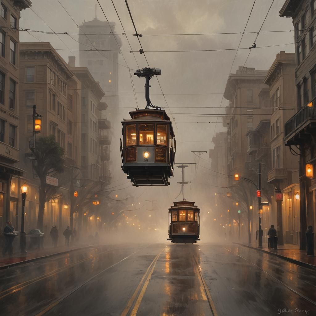 Moody Golden Hour Fog in San Francisco, Cinematic Oil Painti...