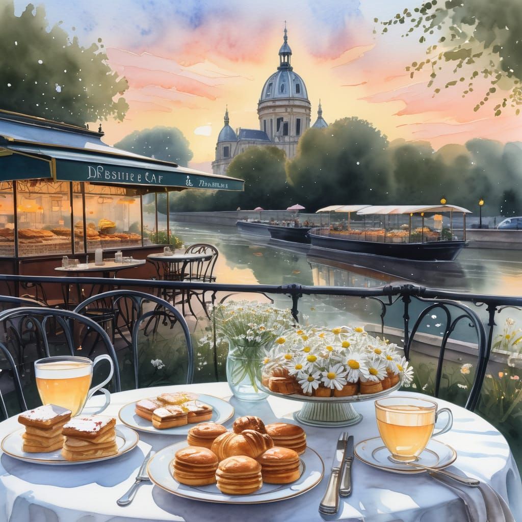 Parisian Cafe at Sunset, Watercolour and Pencil Style