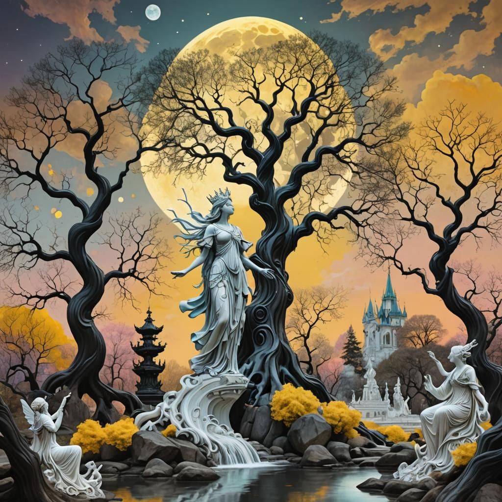 Ethereal Fantasy Landscape with Moon and Fairies