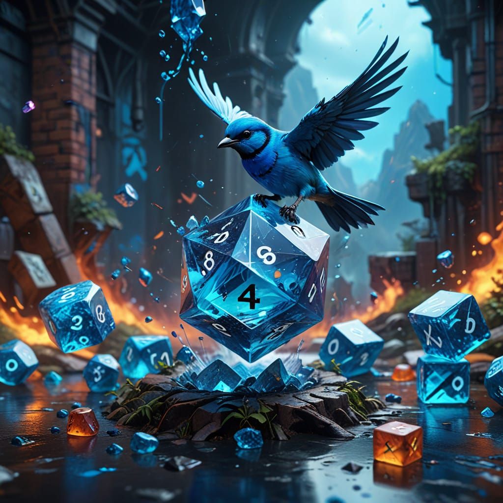 Vibrant Blue Gemstone Dice Scene in Fantasy Landscape