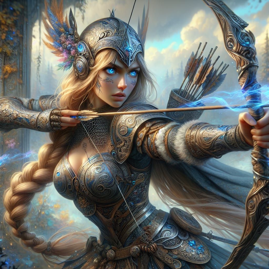 Slavic Warrior Girl with Magic Bow in Fantasy Armor