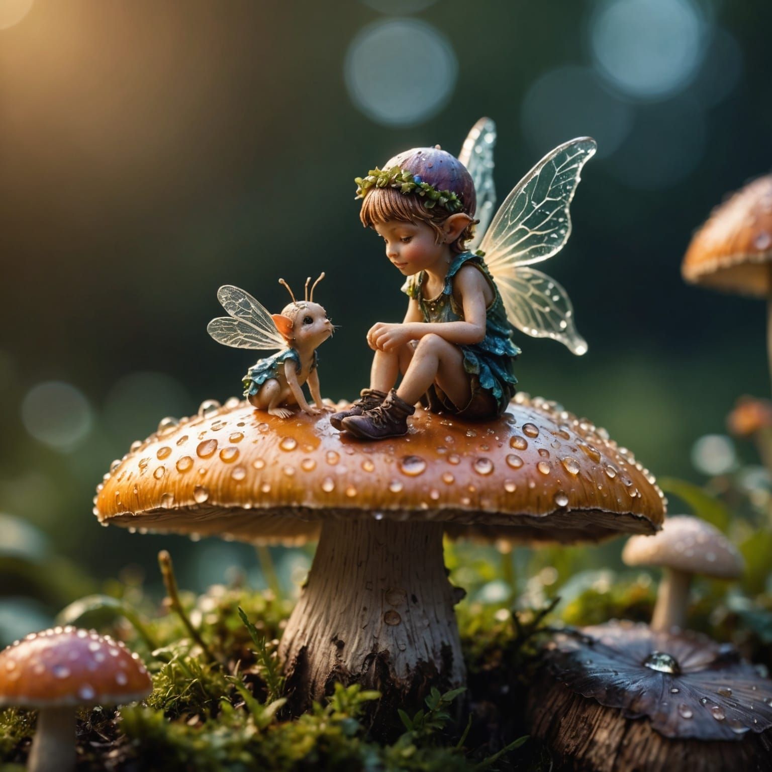 Hyperrealistic Fairy on Mushroom in Morning Light