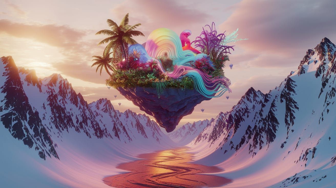 Floating Tropical Island Between Mountains, 3D Render