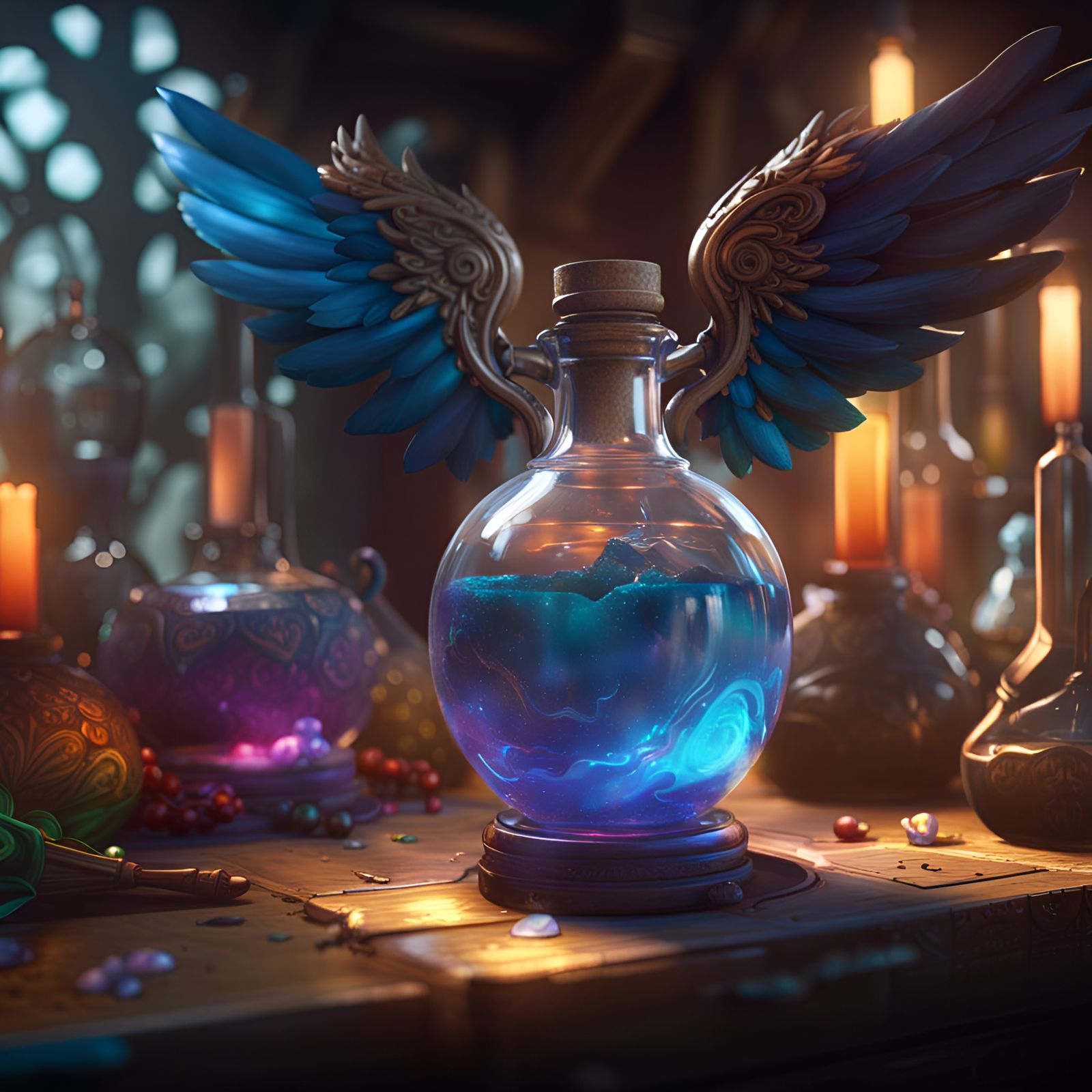 Winged Potion Bottle: Hyperdetailed Concept Art
