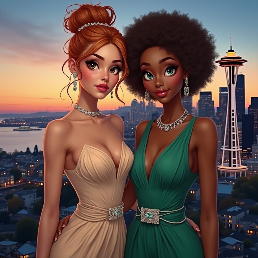 Glamorous News Anchors Pose in Seattle Cityscape at Dusk