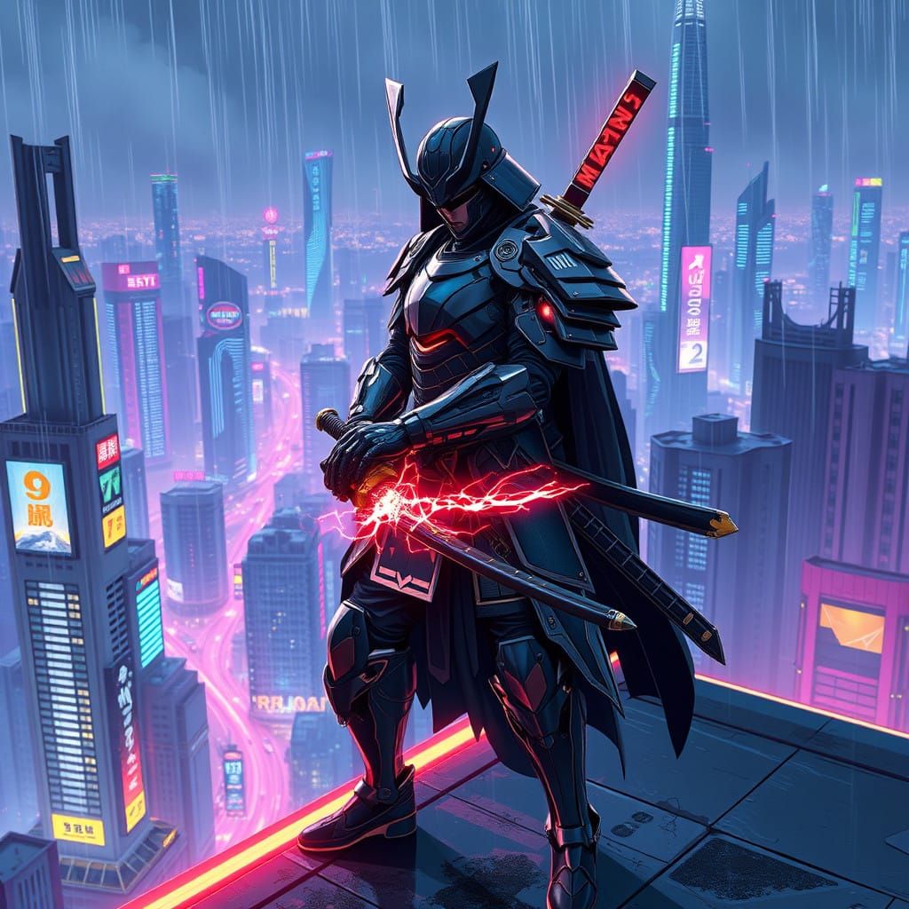 Cyberpunk Samurai Defies the Neon Metropolis