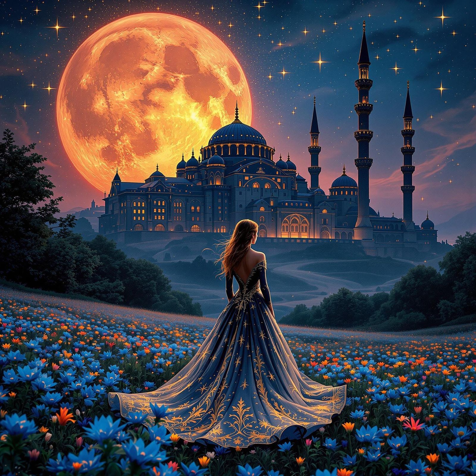 Turkish Beauty in Luxurious Gown Under Starry Istanbul Sky