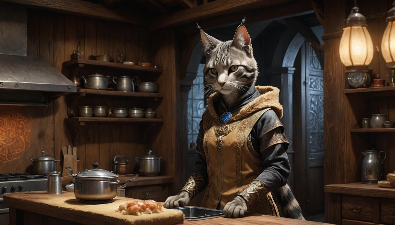 Khajiit Mage in Kitchen, Vibrant Ghibli Anime Art