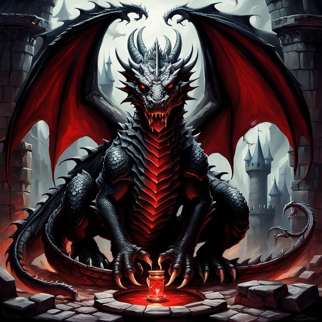 Sinister Black Dragon with Hourglass in Castle
