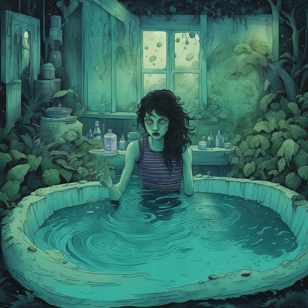 Eerie Tropical Witch in Milk Bath