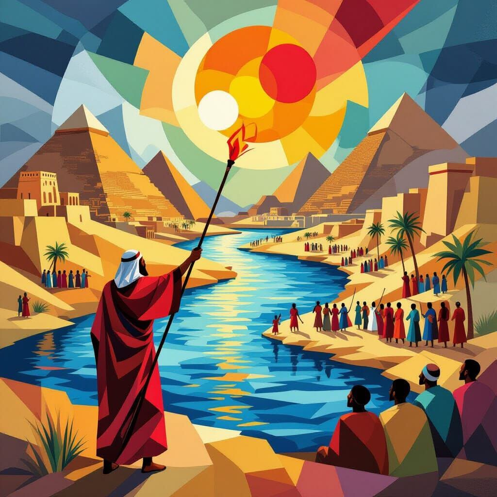 Moses Turns Nile to Blood in Cubist Style