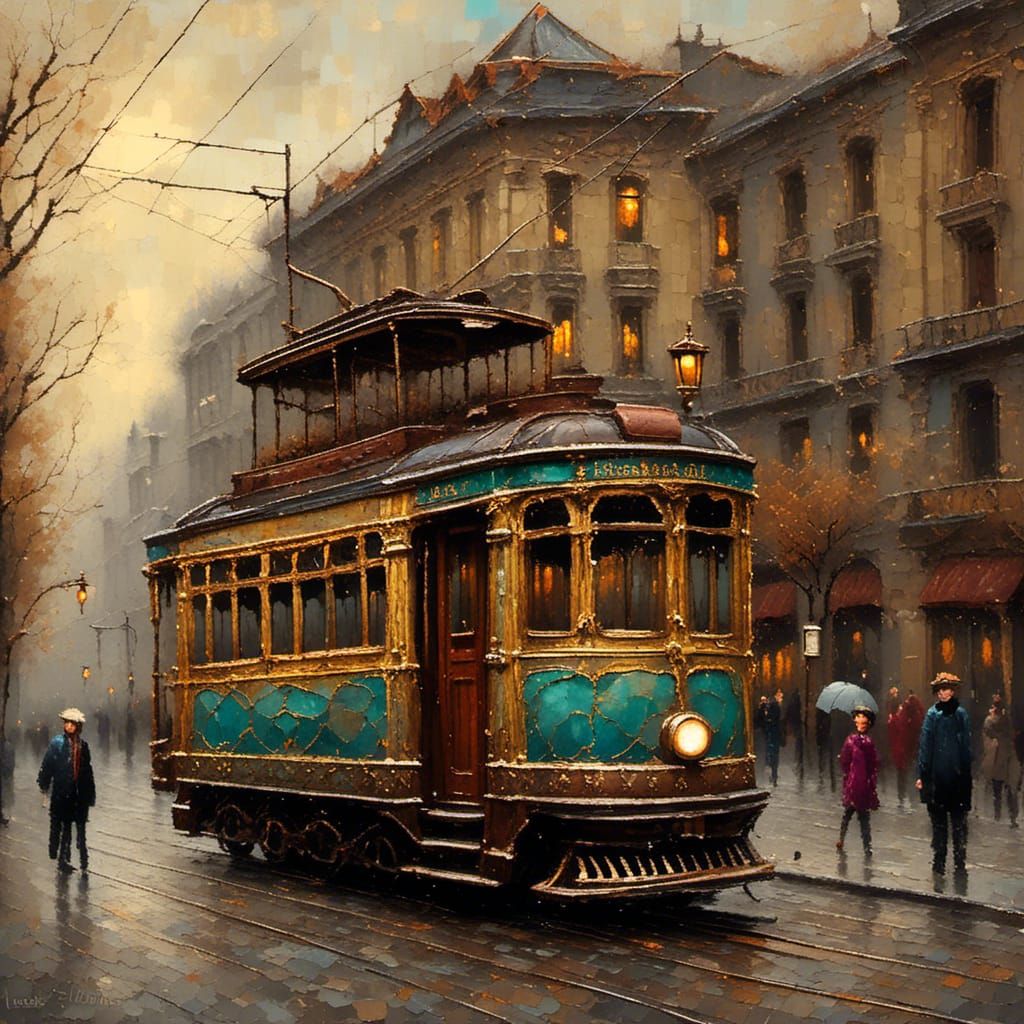 Vintage 1900s Tram in Oil Painting Style