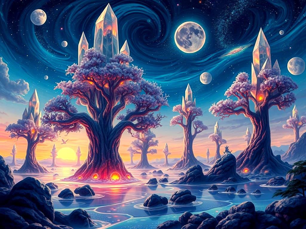 Surreal Crystalline Trees in Liquid Moonlight Sea