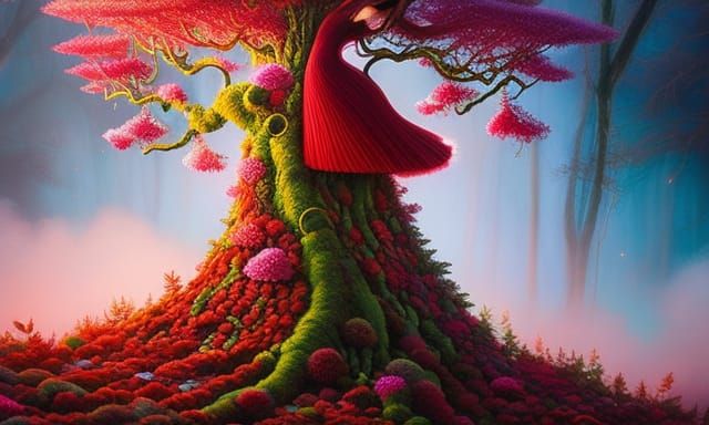 Fairytale Tree-Woman with Birds and Flowers