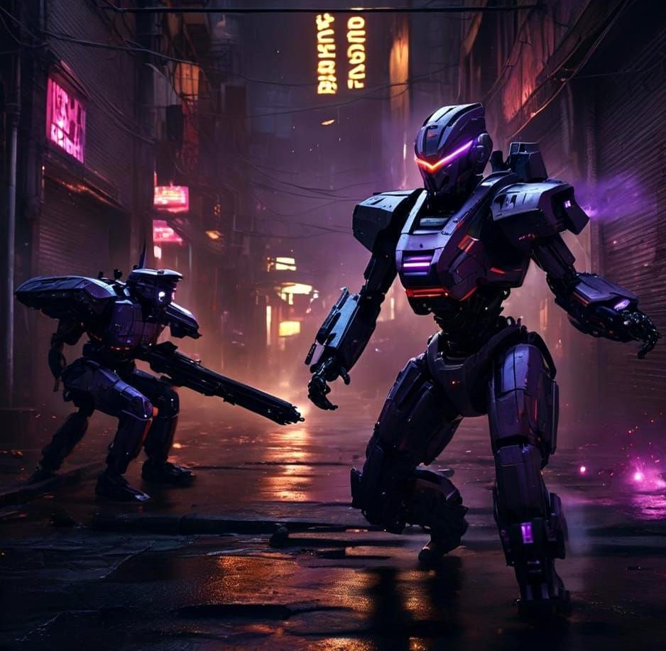 Mecha Battle: Mechanical Robot Women in Cityscape