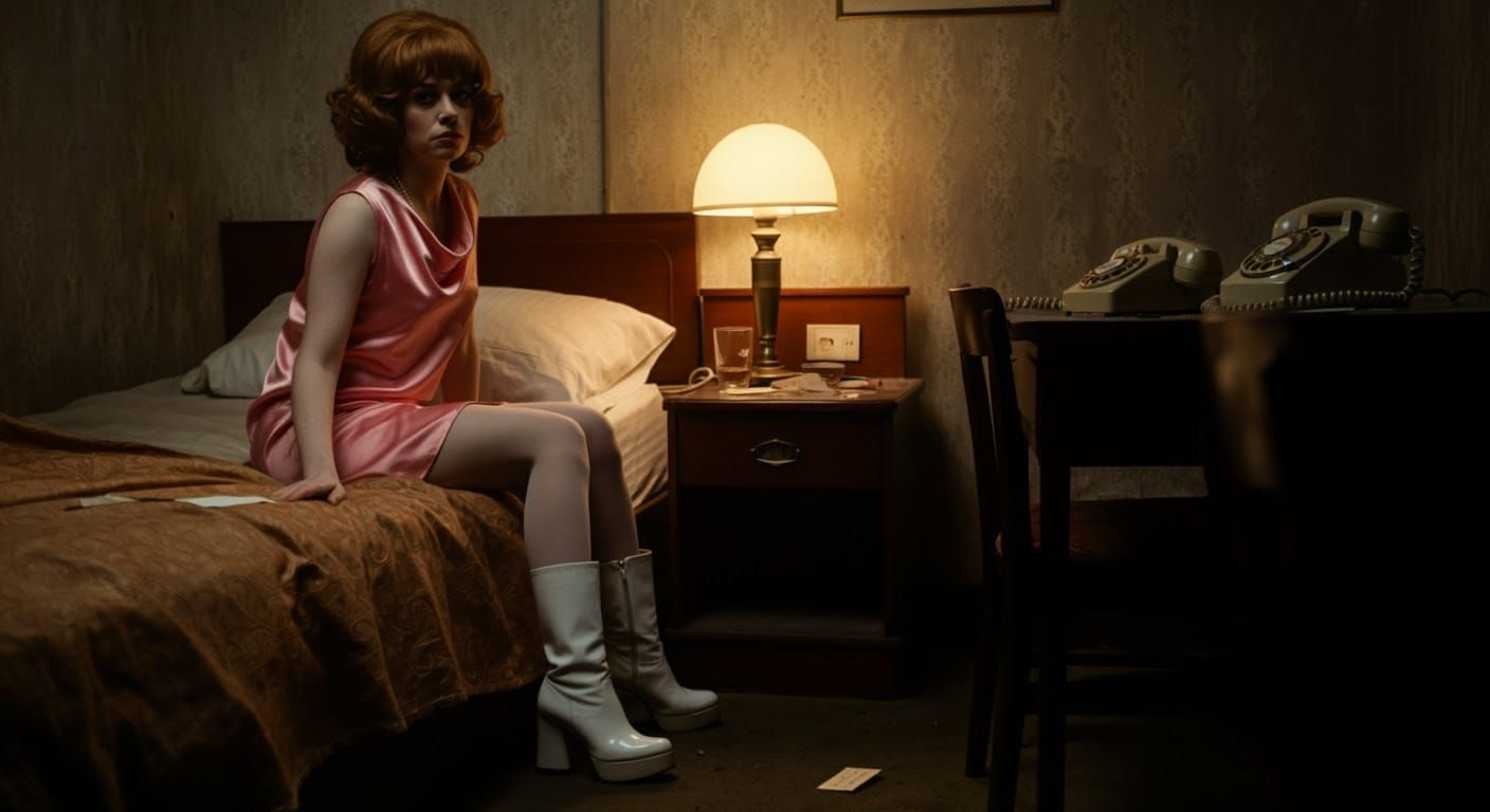 A Gritty, Photorealistic Portrait of Tension in a Seedy Mote...