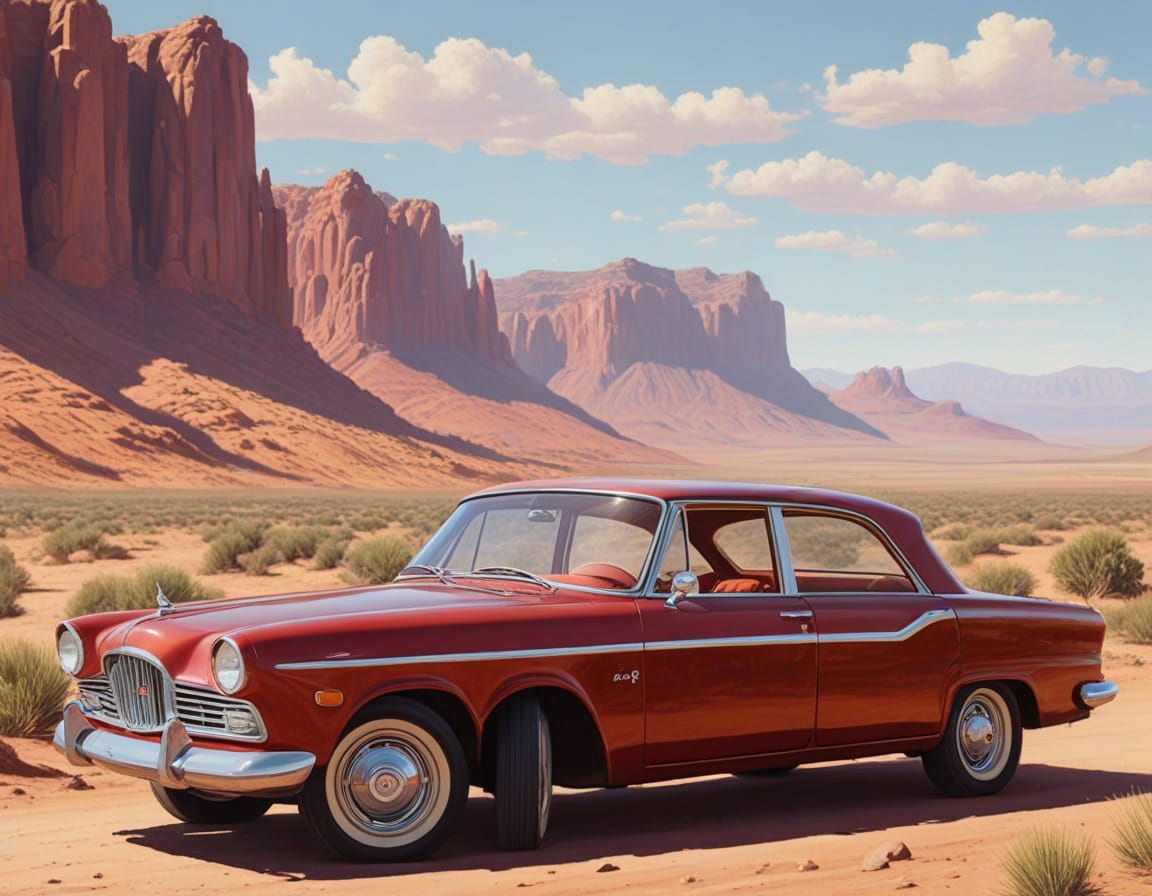 Wide view: red 1959 Studebaker Lark in the desert with red rock mesas