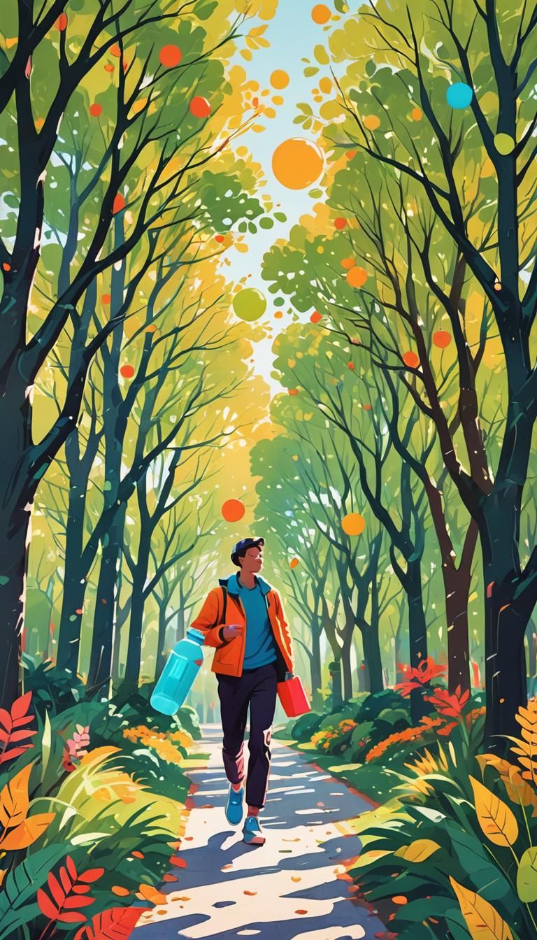 Person Walking in Park with Water: Art Deco Pop Art