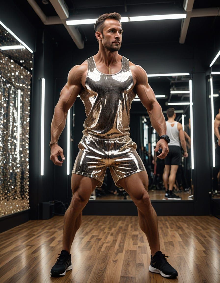 Muscular Man in Sequined Aerobics Gear