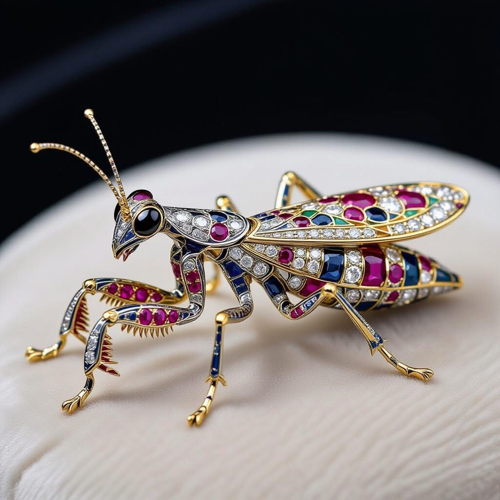 Ornate Art Nouveau Mantis Brooch with Gems