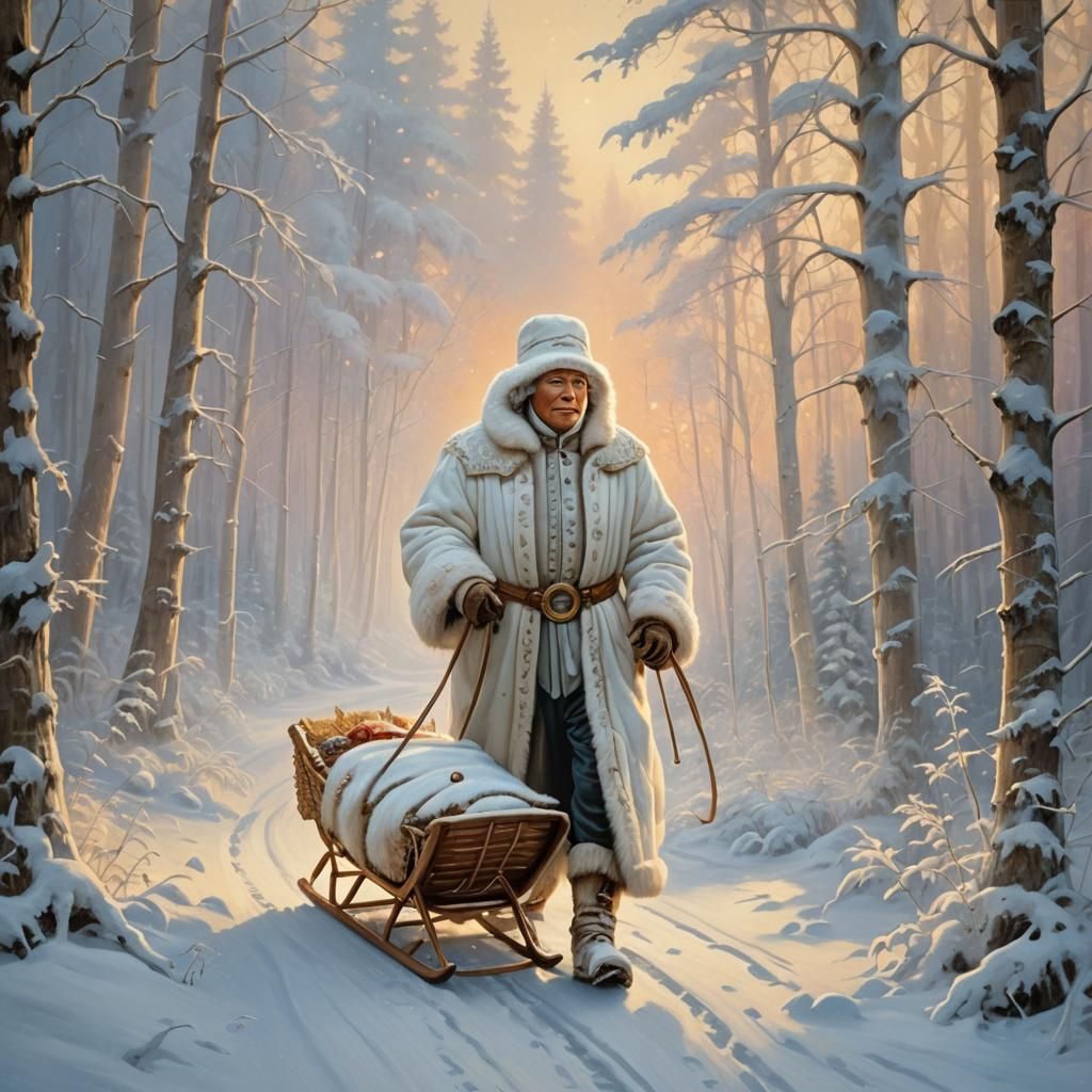 Eskimo in White Fur Coat in Winter Forest