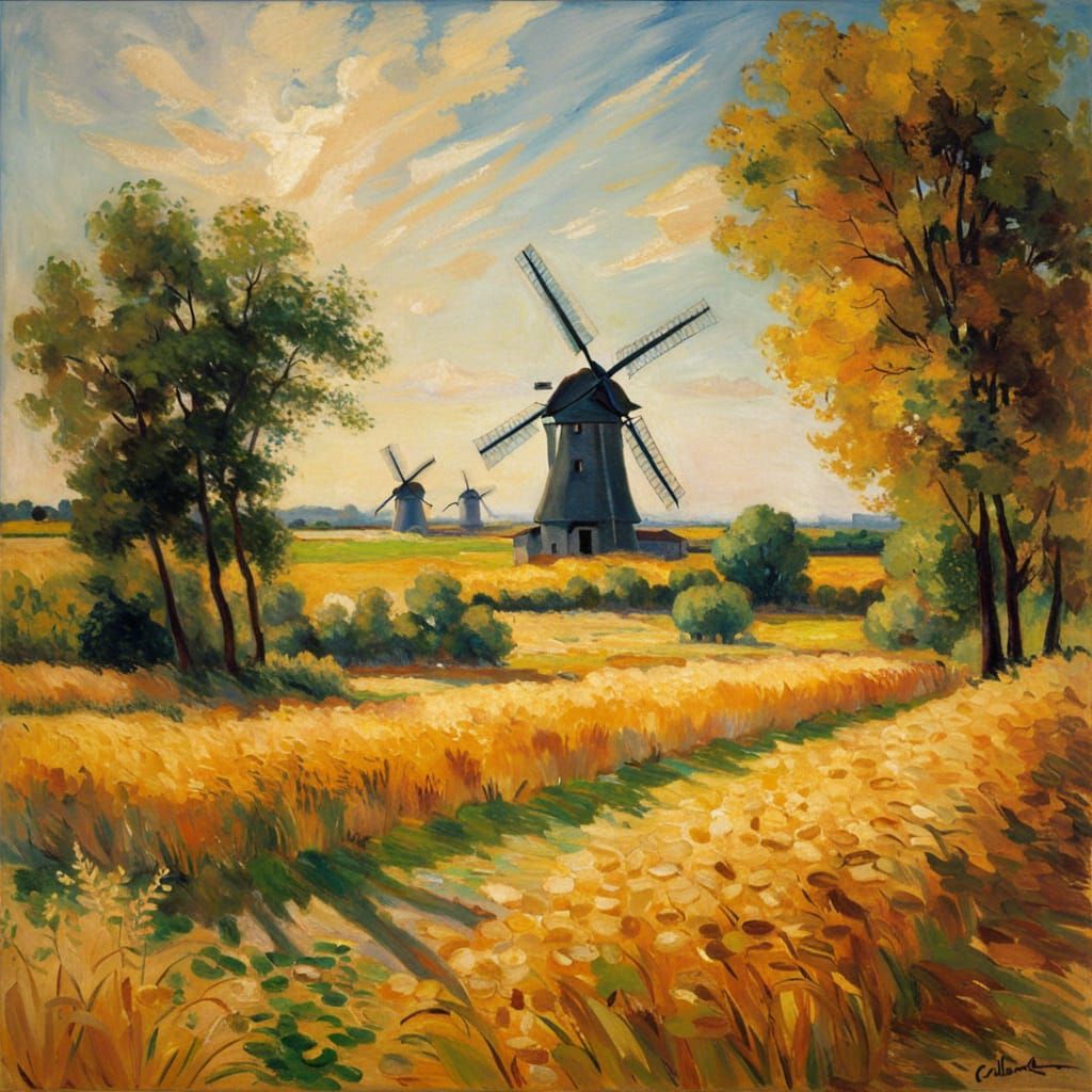 Sunlit Windmills and Wheat Fields in Impressionist Style