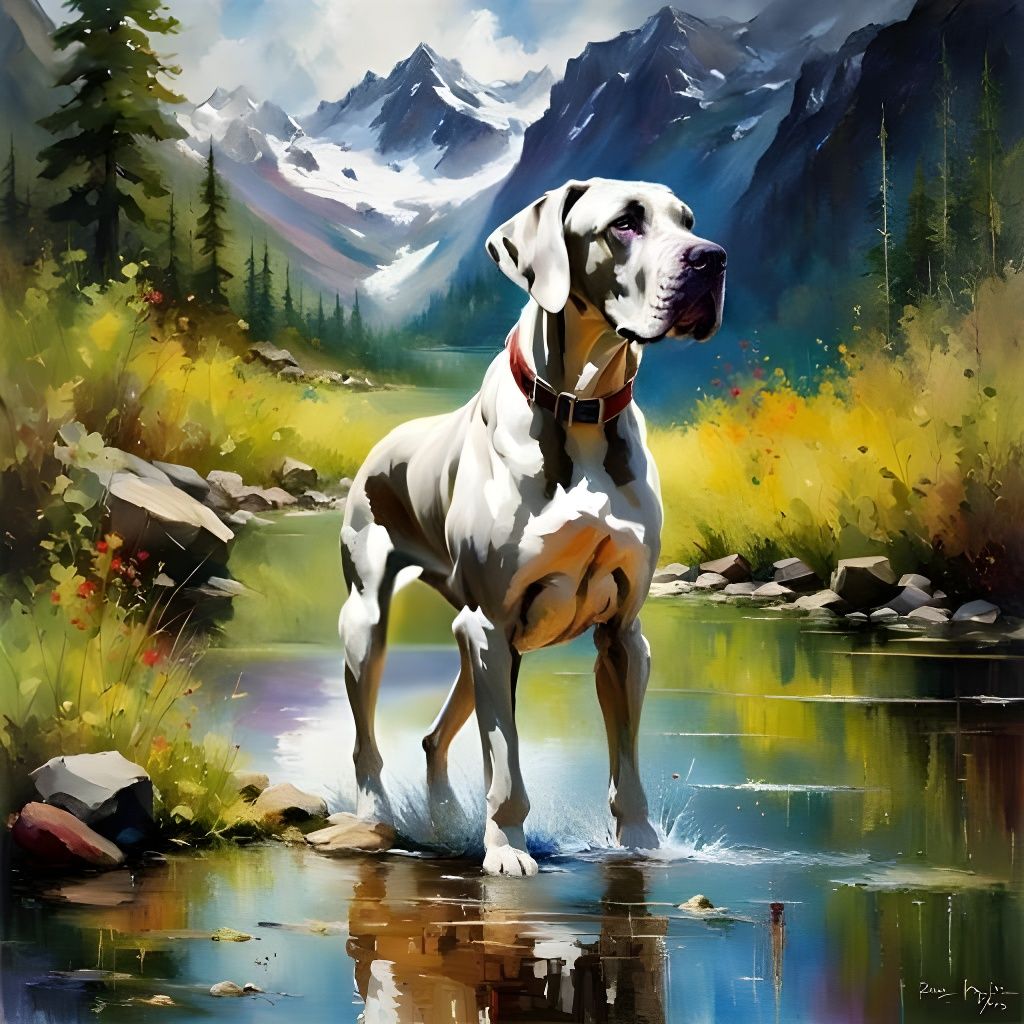 Joyful Great Dane Hiking in Mountain Landscape