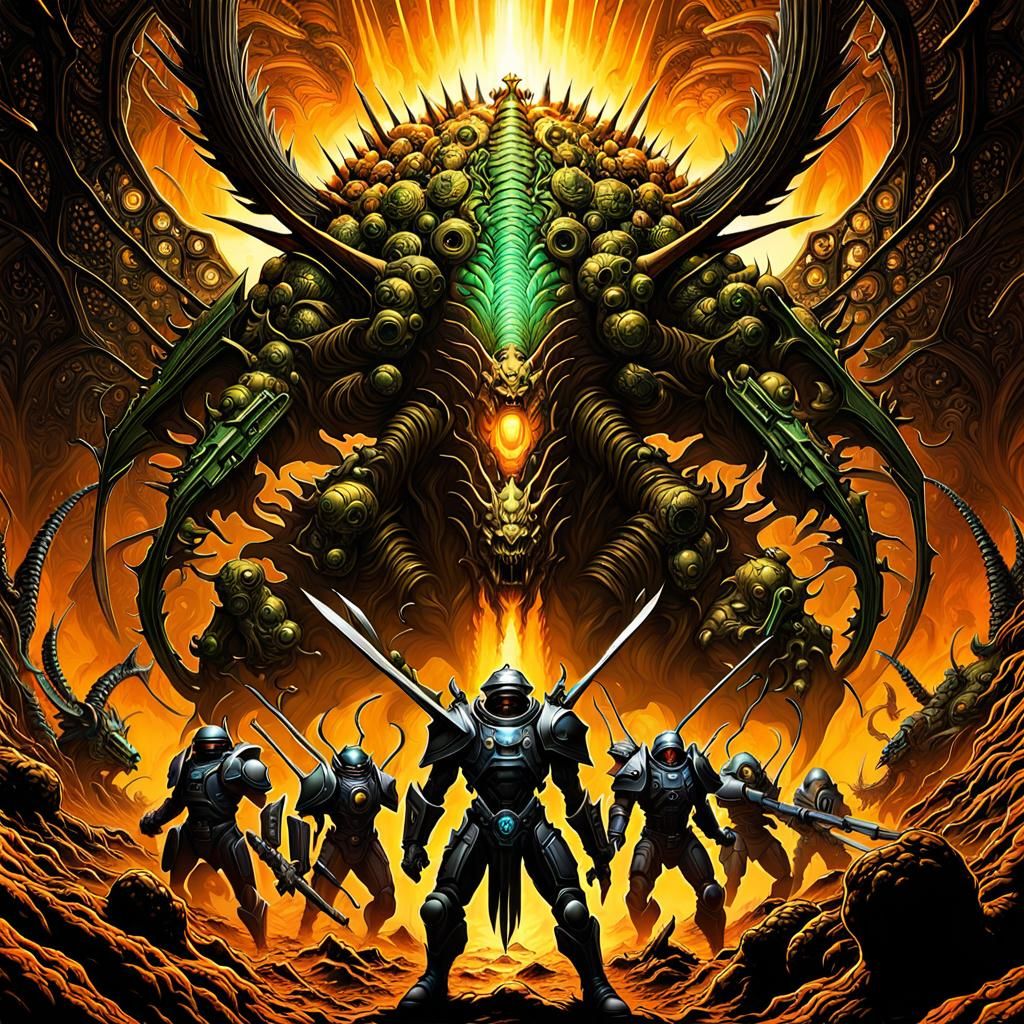 Biopunk Adventurers Fight Insectoid Alien Swarm Queen