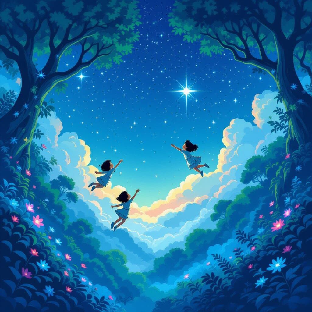 Children Soaring Above a Mystical Bioluminescent Jungle