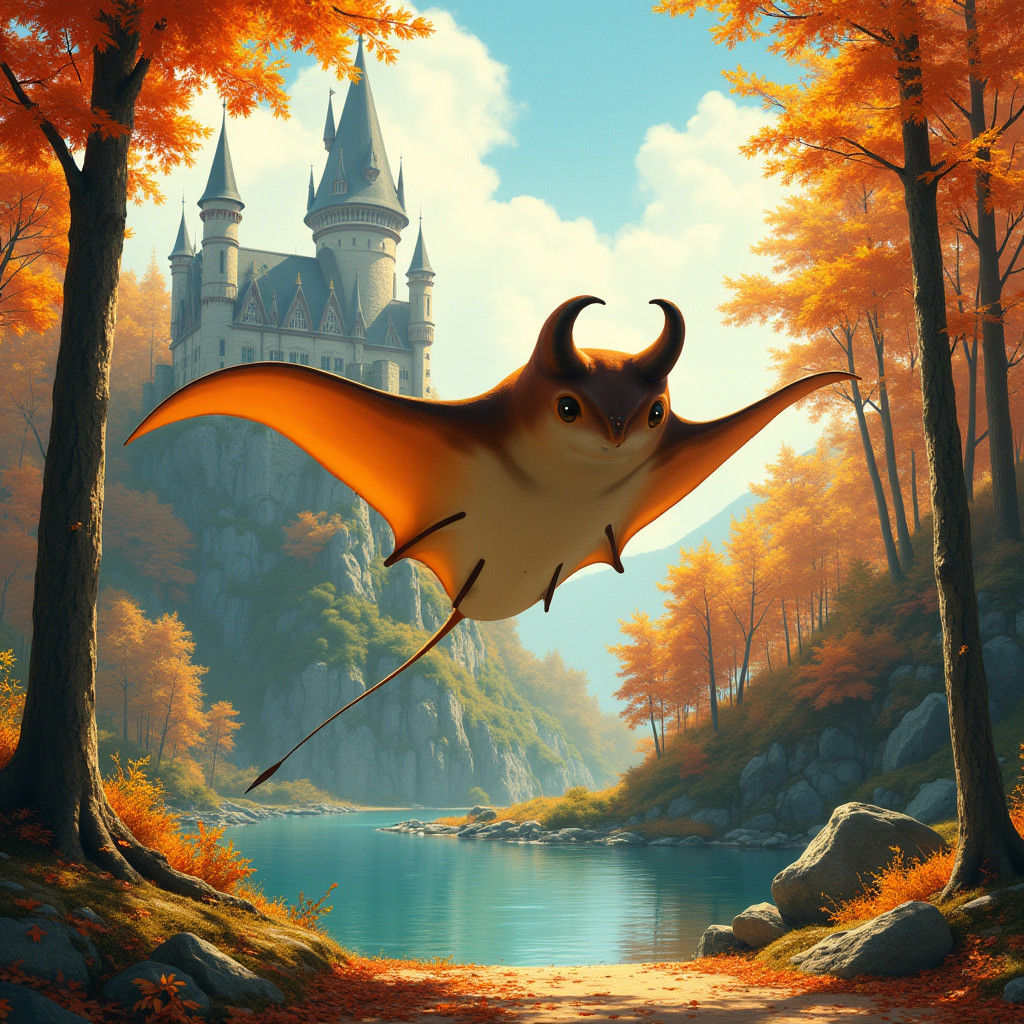 Manta Ray Soaring Over Autumn Forest, Dreamlike Digital Art